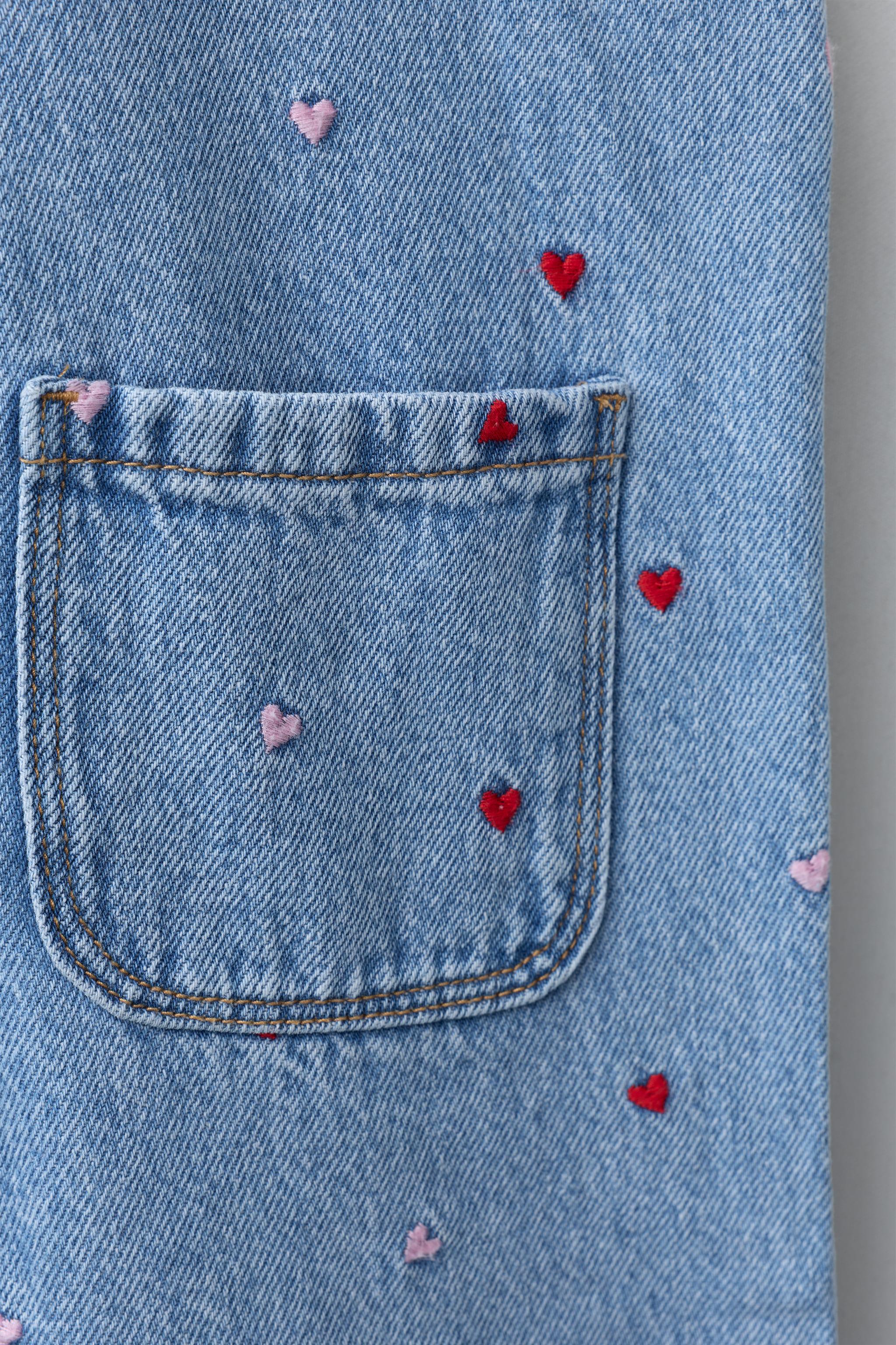 EMBROIDERED HEART DENIM OVERALLS